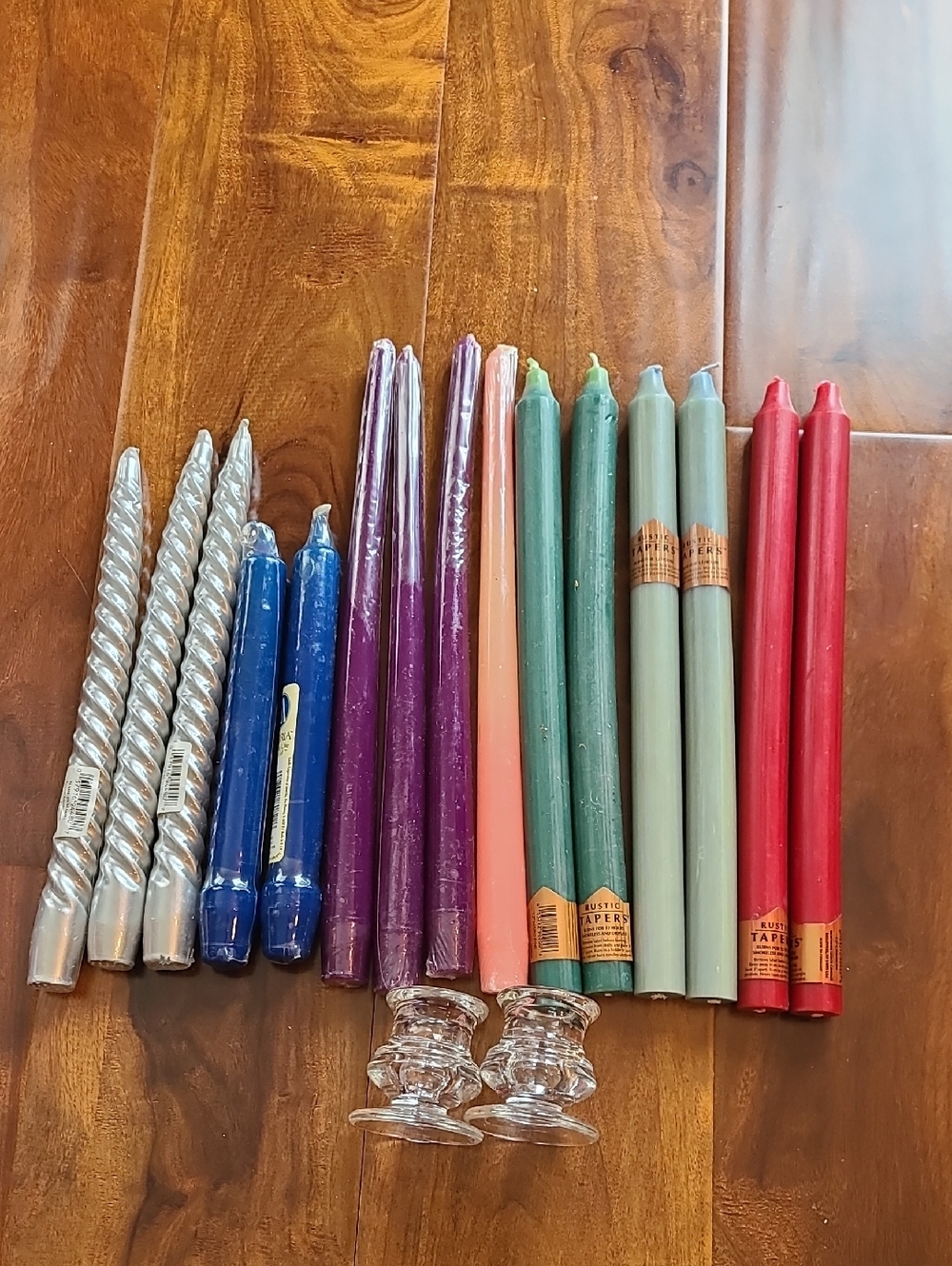 2 Glass Tapper Candle Holders With Large Assortment Of Tapper Candles